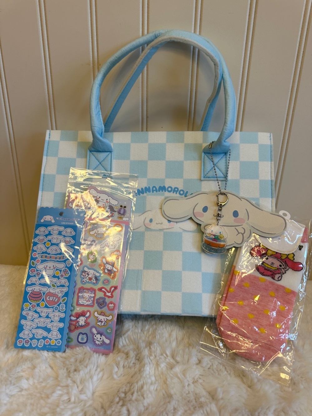 Sanrio Cinnamoroll Light Blue & White Check Tote Bag with Stickers and Socks